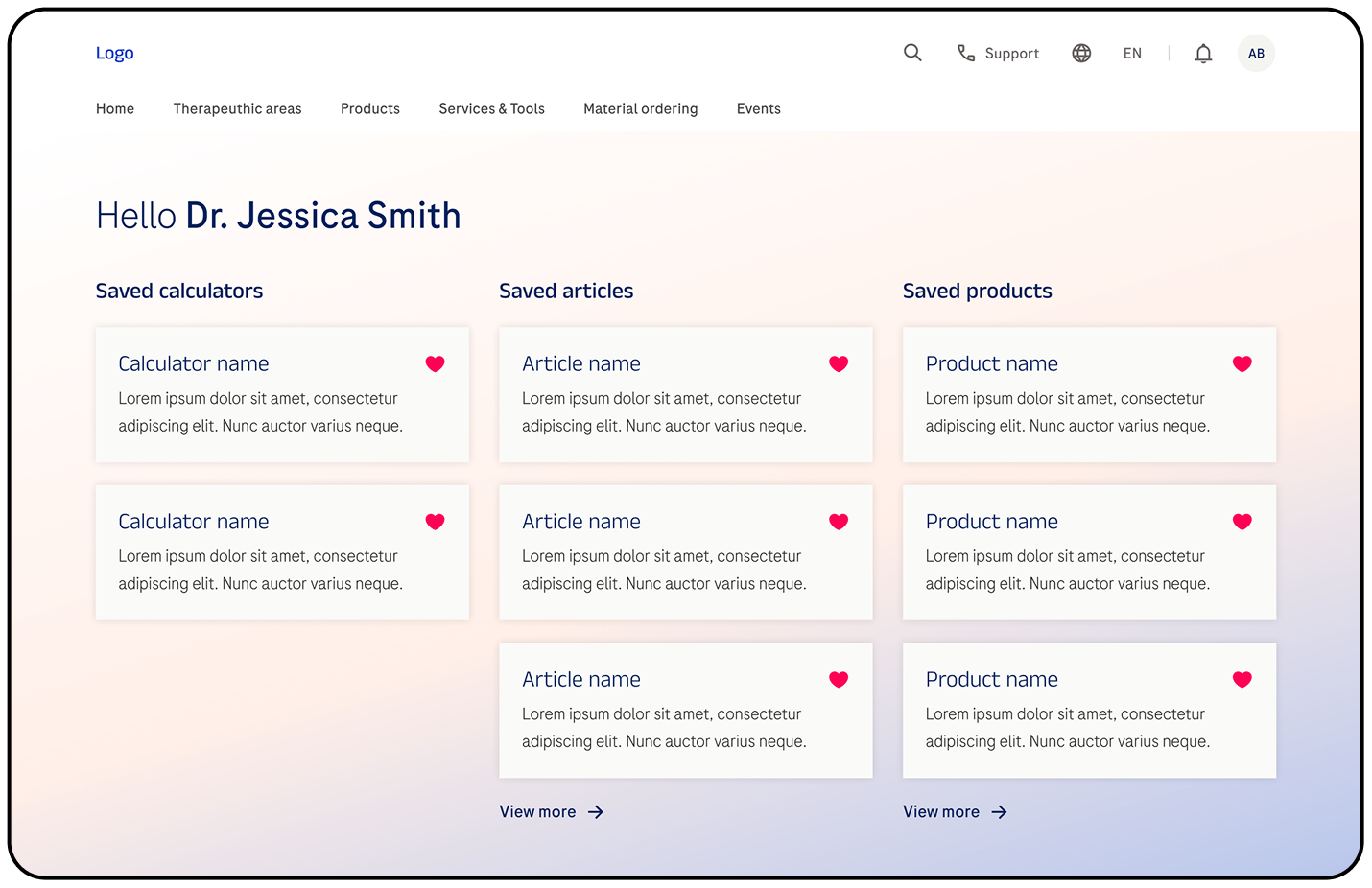 User dashboard mockup