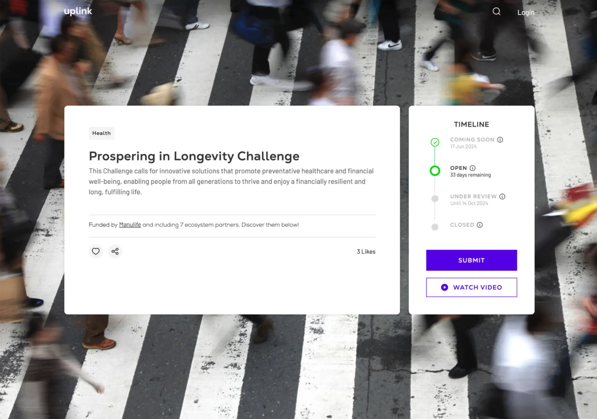 UpLink challenge page for the Prospering in Longevity Challenge