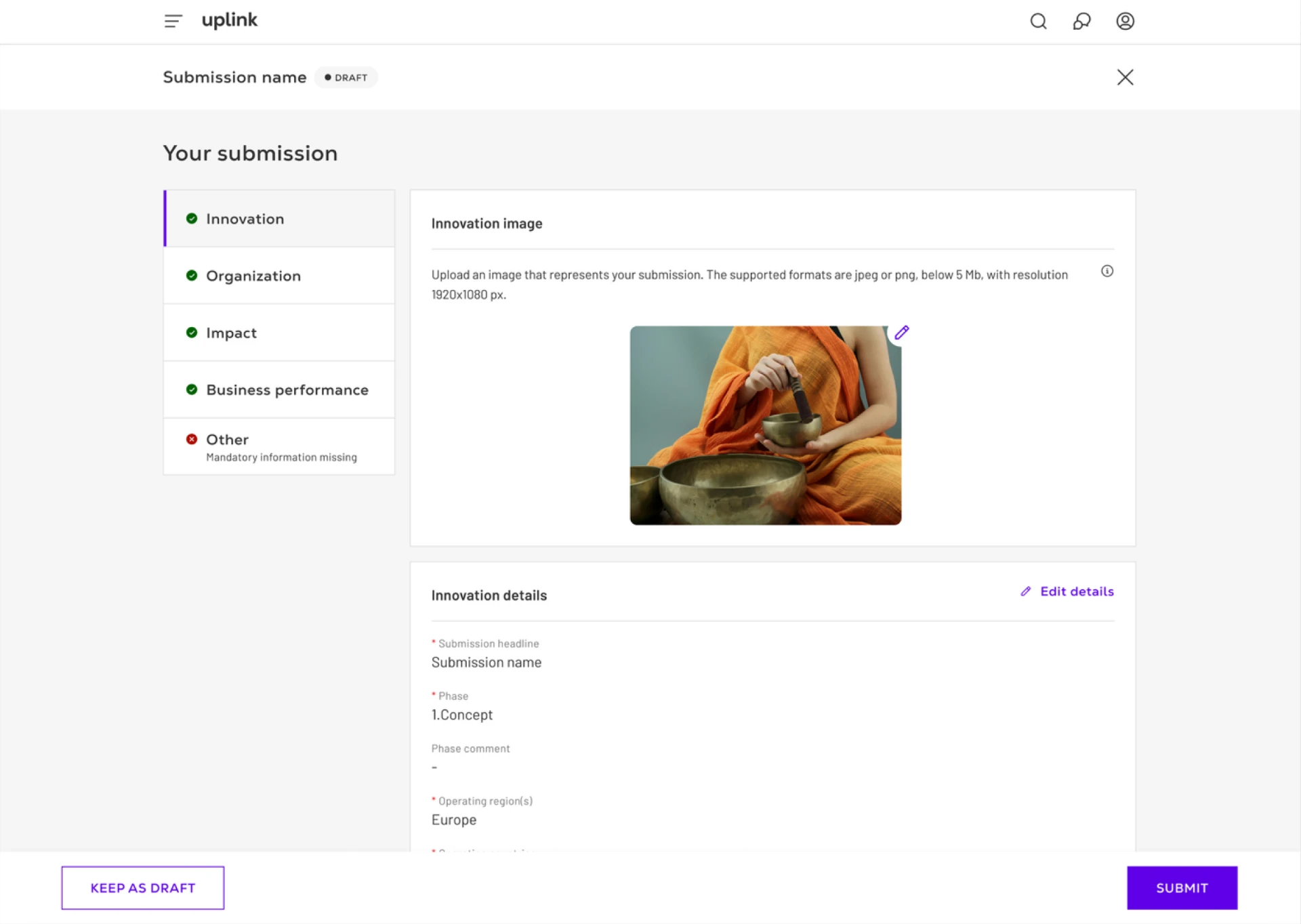 UpLink submission flow screen